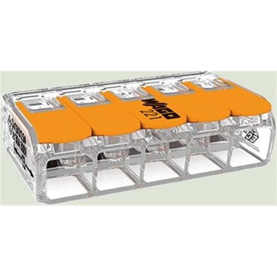Transparent Wago 221 samlemuffe med fem orange klemmer set fra siden, tydelig logo og CEE-mærkning.