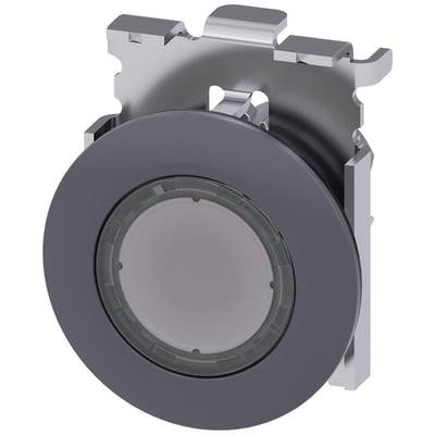 Siemens 30mm trykknap med lys i mat metal, klar front og plan montering, vist med monteringsbeslag.