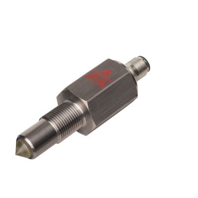 Carlo Gavazzi optisk niveauaftaster med rustfrit stålhus, 3/8" gevind og glastip, set skråt fra siden.