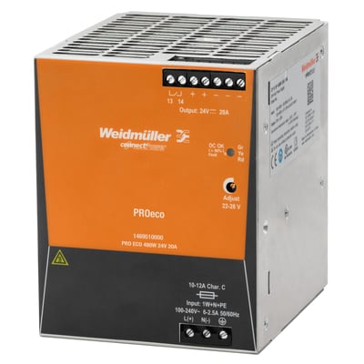 Weidmüller Pro Eco strømforsyning 480W, 48VDC, 10A, med tydelige mærkninger for input og output samt justeringsmuligheder.