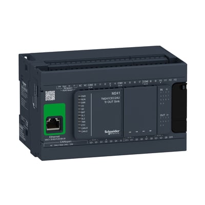 Schneider Electric Modicon M241 PLC med Ethernet og CANopen porte, 14 digitale indgange og 4 digitale udgange, 230V.