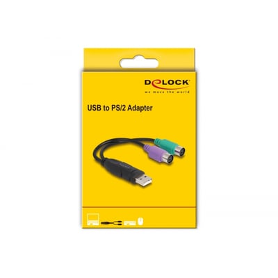 Delock USB til PS/2 adapter på gul emballage, klar til brug med PS/2 mus og tastatur.