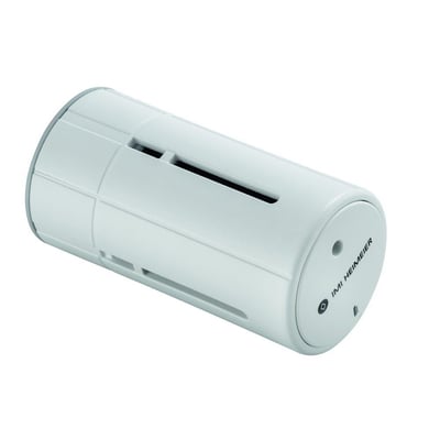 IMI Heimeier TRV 300 hvid termostat med vandalsikret beskyttelseskappe, der viser slids for føleren og et diskret logo.