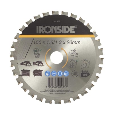 Ironside rundsavklinge til stål set forfra med sølvfarvet klinge, 30 tænder og diameter på 150 mm.