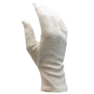 Hvid Inspector stofhandske i bomuldsinterlock, str. 10, slip-on model, vist på hvid baggrund.