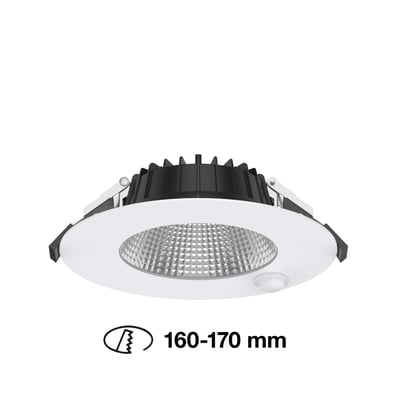 SLC Shift indbygningsspot i hvid med en diameter på 180 mm, og et synligt PIR sensor til bevægelsesdetektion.