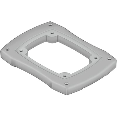 Grundfos adaptorplade >=CR30-110/9->C i grå plast med monteringshuller, set skråt fra siden.