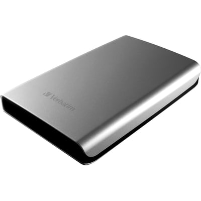 Verbatim Store'n'Go ekstern harddisk på 1 TB med sølvfarvet kabinet, vist skråt forfra.