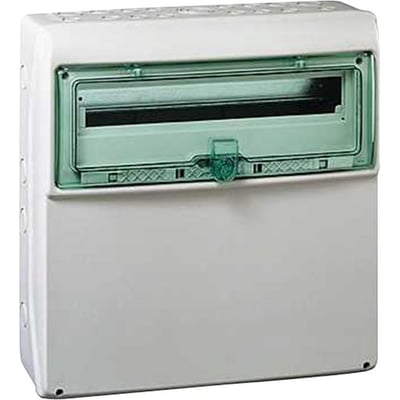 Schneider Electric Kaedra IP65 kapsling i grå RAL 7035, med plads til 1x18+1 moduler og grøn gennemsigtig låge med lås.