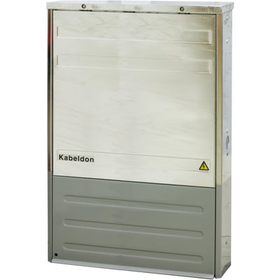 ABB Kabelskab CDC460IDK med Kabeldon skinner og fugtspærre, montagebredde 850mm, i hvid og grå med advarselstrekant.