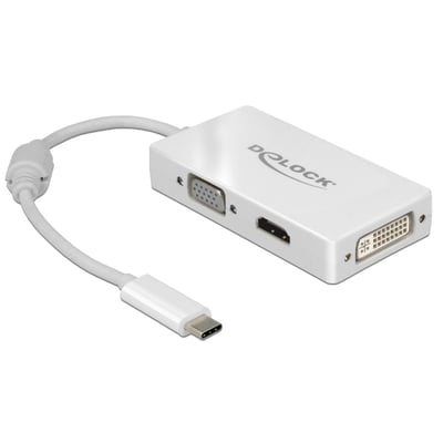 Hvid DeLock USB Type-C-adapter med VGA-, HDMI- og DVI-hunstik samt et fast kabel med USB Type-C-stik.