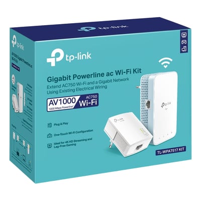 TP-LINK TL-WPA7517 KIT V1 WiFi Powerline adapter kit i hvid med blå detaljer, 1000Mbps, AC750 WiFi, og GigE LAN port.