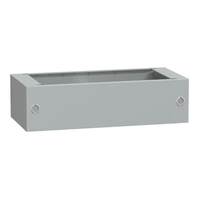 Close-up af sokkel til Schneider Electric PLA kabinet, viser robust grå polyesterkonstruktion og monteringshuller.