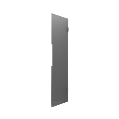 Svedbergs Langfoss brusedør med røgfarvet glas og mat alu-profil set skråt forfra, 90 x 200 cm.