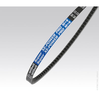 Optibelt Super XE-Power Pro fortandet kilerem, AX112, X13 og 2878, vist med den mørke tandede underside og blå mærkning.