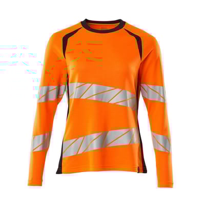 Mascot dame T-shirt langærmet i Hi-Vis orange med mørk marine detaljer, str. 2XL. Med skrå reflekser og rund hals.