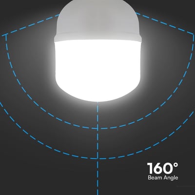Grafisk illustration af T100 LED pærens 160 graders spredningsvinkel, fra V-TAC.