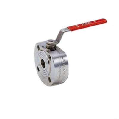 Wafer kuglehane i syrefast 316 stål med PTFE liner, 2" dimension og rød betjeningsgreb.