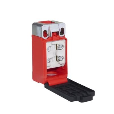 Bernstein IN65-SU1Z-M20 sikkerhedskontakt med åben klap og synlige klemmer i rødt og gråt metalhus.