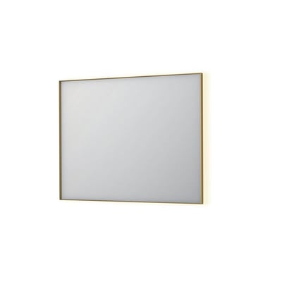 Sanibell INK SP32 LED spejl 100x80 cm med gylden ramme, belyst bagfra på hvid baggrund.
