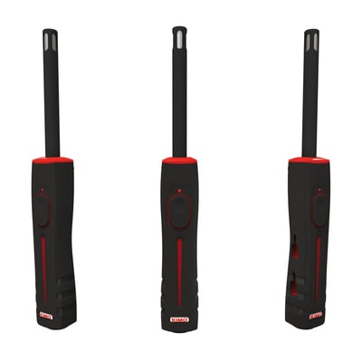 Kimo SHR110 relativ luftfugtighedsprobe med sort greb og røde detaljer. Viser tre vinkler af proben med sensor i spidsen.