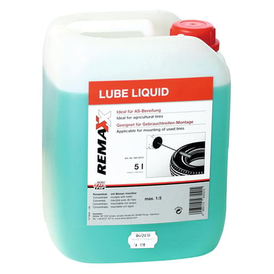Remaxx Lube Liquid 5L i en hvid plastikkande med en turkisblå væske og et rødt skruelåg. Etiket viser produktinformation og en illustration af dækimontage.