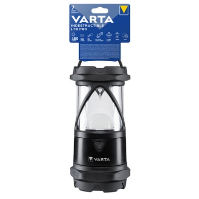 Varta Indestructible L30 Pro lommelygte i sort emballage med 7 års garanti og tekniske specifikationer vist.