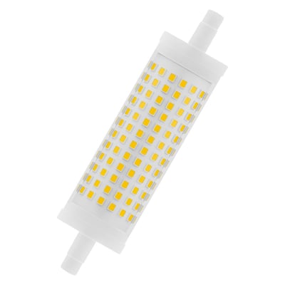 Nærbillede af Osram LED LINE klar lyskilde med R7s sokkel, der viser de mange små LED-lys på en hvid baggrund.