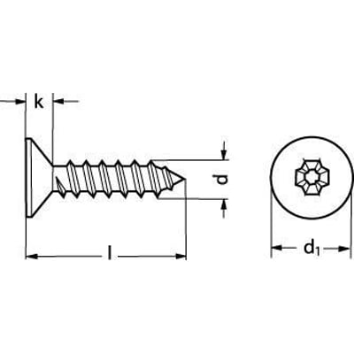 Teknisk tegning af undersænket pladeskrue 4,8x32mm i A4-stål med pozi-kærv og dimensioner markeret med bogstaverne k, l, p og d1.