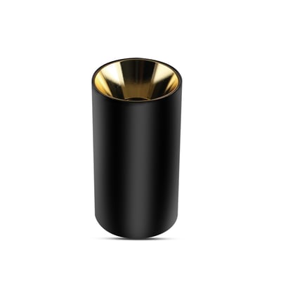 Stilren V-TAC Pro GU10 lampe i sort med guldfarvet indvendig reflektor, præsenteret på hvid baggrund.