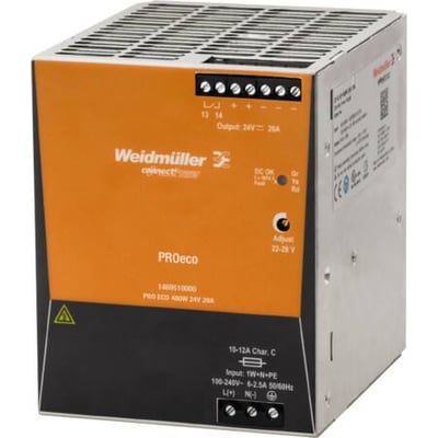 Weidmüller Pro Eco3 strømforsyning, 480W, 24VDC, 20A, vist fra siden med orange frontpanel og grå metalchassis.