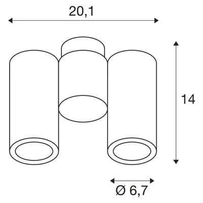 Teknisk tegning af SLV ENOLA B SPOT Double lampe, der viser dimensioner for længde, højde og spotdiameter.