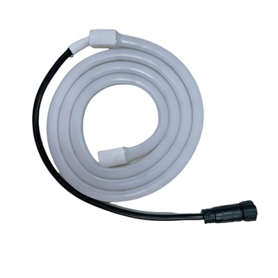 LEDlife Neon Sauna LED strip rullet op, viser den hvide silikone og den sorte tilslutningskabel med stik.