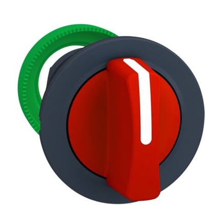 Schneider Electric drejegreb flush i rød med 3 faste positioner og mørkegrå ramme på hvid baggrund.