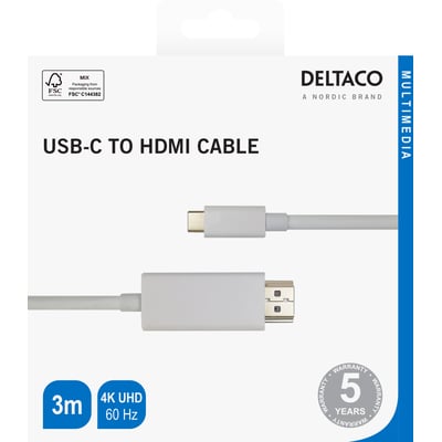 Deltaco USB-C til HDMI-kabel i hvid, 3 meter og 4K UHD, vist på emballagens forside med begge stik.