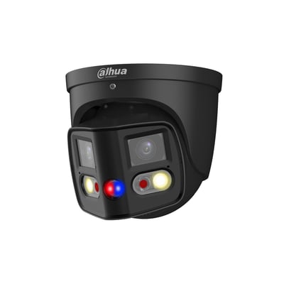 Sort Dahua TiOC Duo WizSense 2x4 MP netværkskamera med to objektiver, 2,8 mm optik og synlige lysfelter.