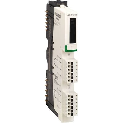 Schneider Electric STB KIT, 2 ana UD 4 20MA, basic I/O-system modul med hvidt og gråt hus samt grønne detaljer.