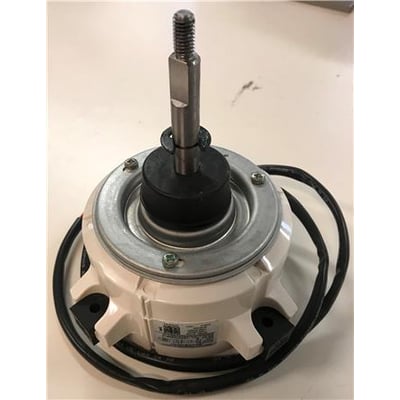 Solar Plus DC motor til MSA-24 udedel, vist med en hvid base, metalring og aksel med gevind. Motoren har sorte ledninger og er placeret på en lys bordplade.