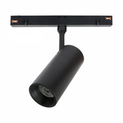 SpectrumLED smart LED-skinnespot på 10 W set skråt forfra med sort cylindrisk lampehoved og skinnebeslag.