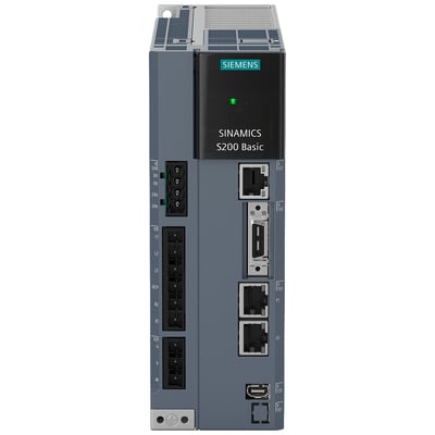 Siemens SINAMICS S200 Basic frekvensomformer med PROFI-interface, vist forfra med tilslutningsporte og tydelig branding.