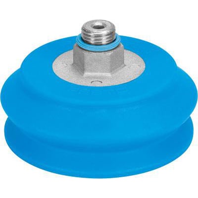 Festo vakuumsuger VASB-75-1/4-PUR-B i blå PUR, 75mm diameter, med metalgevind og højdekompensator.