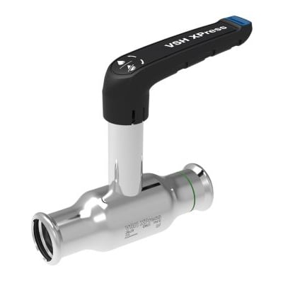 VSH Xpress kuglehane i rustfrit stål med 22 mm press-press tilslutning og sort betjeningshåndtag.