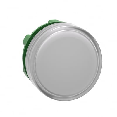 Schneider Electric Harmony XB5/ZB5 hvidt lampehoved med 22mm diameter. Fronten er sølvfarvet med en grøn monteringsring.