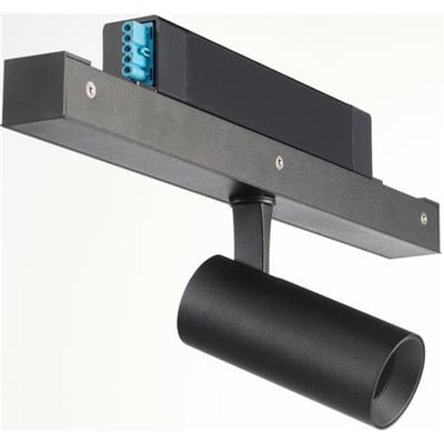 Sort hybrid spotmodul fra Øvrige med LED-spot, lang indbygningsskinne og synlig blå tilslutning.
