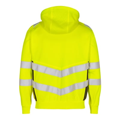 FE Engel sweatcardigan 8025, klasse 2, set bagfra med gule og sorte reflekser fordelt over ryggen og ærmerne.