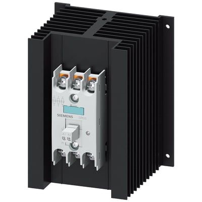 Siemens 3RF24 solid-state kontaktor med 50A strøm og integreret køleplade, vist i frontvinkel.
