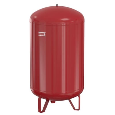 Stor, rød Flamco Flexcon ekspansionsbeholder på 425 liter, vist med dens tre ben på en hvid baggrund.