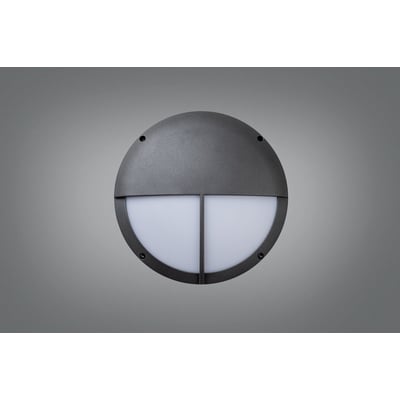 Ragner rundt LED vægarmatur i mørkegrå aluminium med opal hvid polycarbonat skærm, 12W CCT og mikrobølgesensor, IP65.