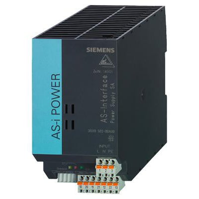 Siemens as-i POWER strømforsyning, 5A, model 3RX9 502-0BA00, med IP20 og tilslutningsklemmer vist på grå baggrund.
