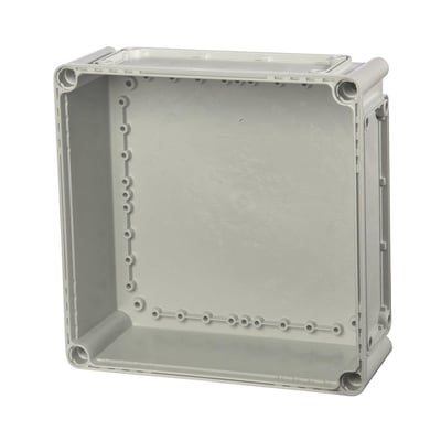 Fibox EKOE kassebund i grå polycarbonat (PC) måler 280x280x100 mm, med fire flangeblanketter i str. 2.